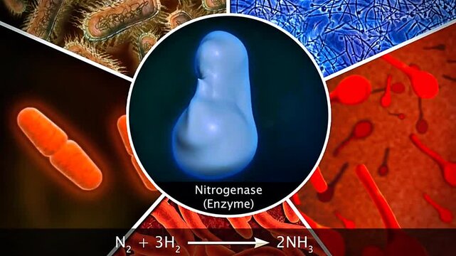 3D animation showing biological nitrogen fixation converting atmospheric nitrogen into ammonia.