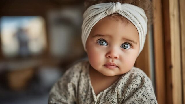 Baby with big expressive eyes and a white headband, looking thoughtfully to the side, soft focus on tiny lips and nose, warm sunlight filtering through a nearby window, cozy indoor