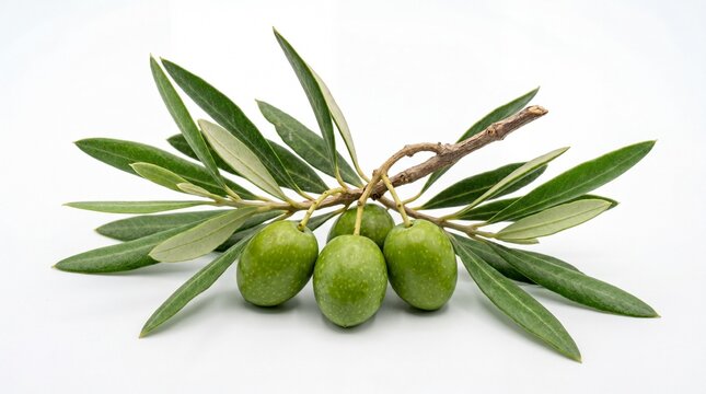 Fresh green olives attached to a small branch with several narrow leaves from an olive tree plant