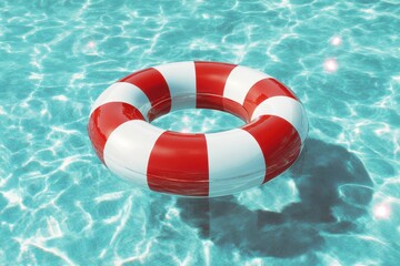 Naklejka premium A red and white striped inflatable ring floating in a swimming pool.