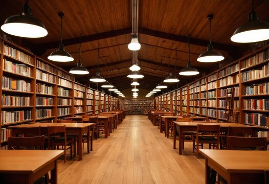 Grand corridor of a classic library with wooden bookshelves