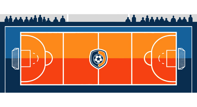 Orange and Blue Futsal Soccer Field with Spectators Top View Flat Design Stadium