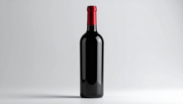 A bottle of red wine stands alone on a white surface indoors.