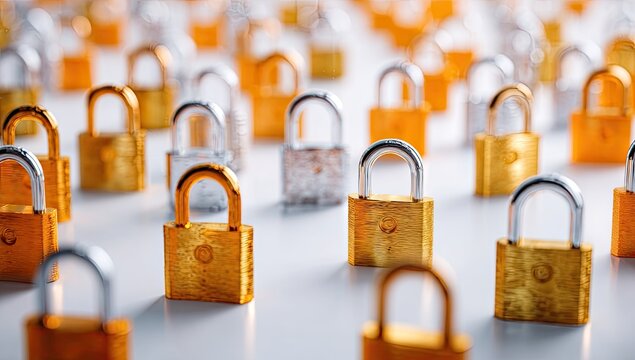 Numerous golden and silver padlocks arranged in a grid