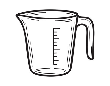 Measuring jug line drawing with handle, graduated markings and tapered spout detailed in thin black lines, clear glass beaker vibe, practical kitchen tool for baker and cook, suggests careful recipe