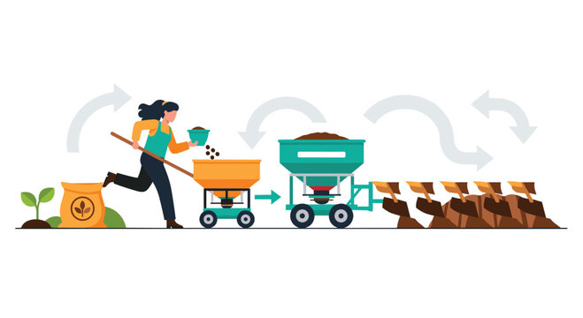 A dynamic female farmer efficiently operates agricultural machinery and a yellow wheelbarrow to plant seeds across a fertile field in a bright white sky.