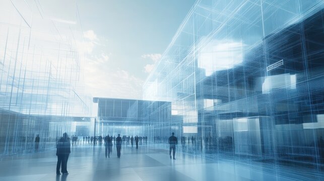 Ethereal blue architectural rendering featuring blurred figures on a walkway