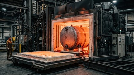 Electric furnace in a medium shot heating welded storage tanks highlighting advanced energyefficient heat treatment with optimized thermal cycles in a controlled environment.