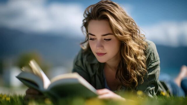 Carefree female student lying on the grass in a sunny park reading a novel, vibrant green lawn stretching around her, golden summer light illuminating the scene, soft clouds in a b