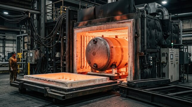 Electric furnace in a medium shot heating welded storage tanks highlighting advanced energyefficient heat treatment with optimized thermal cycles in a controlled environment.