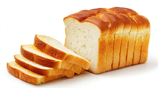 Sliced White Bread Loaf with Golden Crust on White Background