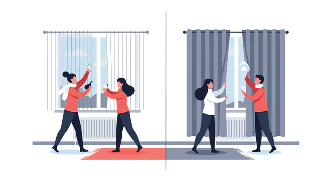 A comparative illustration displays two distinct interior scenes where people adjust vertical blinds and heavy grey curtains to control light in a home.