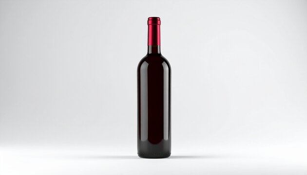A bottle of red wine stands alone on a white surface in a clean environment.