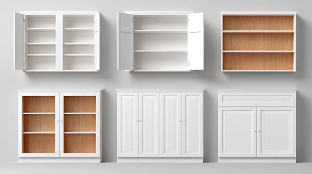 White Wall Mounted Kitchen Cabinets in Various Open and Closed States