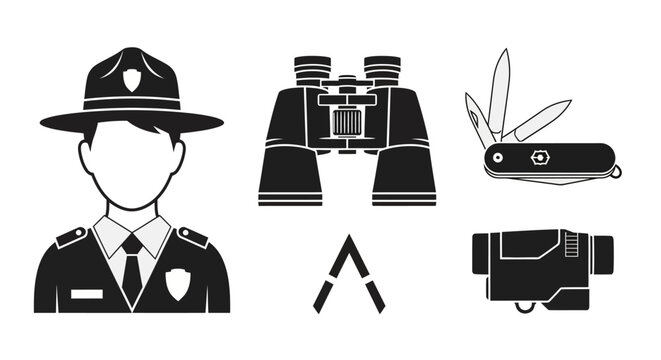 Park Ranger Tools and Equipment Icons Set