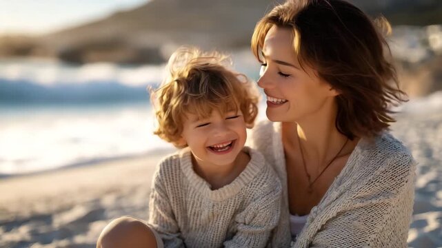 Cheerful mother and son sitting on a blanket at the edge of the beach, boy holding a fresh apple and giggling, sunlight glinting on the waves, warm golden sand under their feet, jo