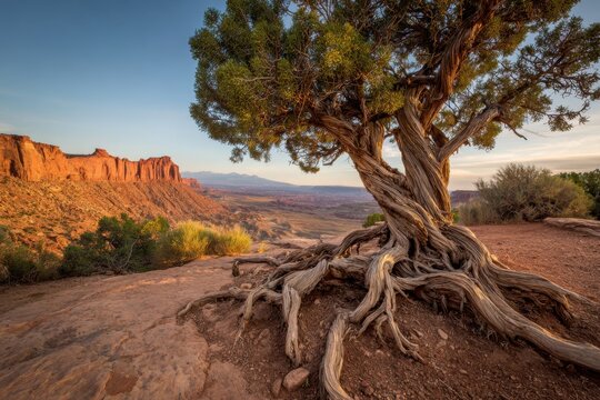Twisted juniper tree in a desert landscape with cliffs.
