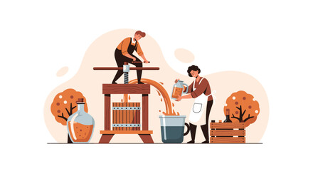Fototapeta premium Two diligent workers operate a traditional wooden fruit press to extract fresh juice into a large blue bucket within a warm autumnal outdoor setting.