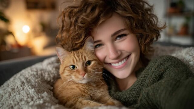 Cheerful woman sitting in a soft bean bag chair, lovingly holding an orange tabby cat, warm natural light highlighting their faces, cozy living room with soft textures and modern d