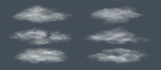 Smoke overlay set with white fog clouds, soft mist, drifting vapor and transparent png background. Screen mode design and dark backdrop effects with smoke overlay, vector illustration. © Victoria Sergeeva