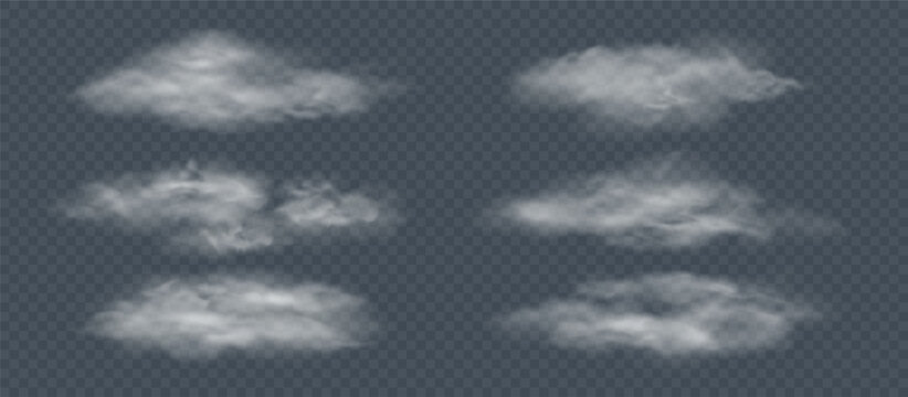 Smoke overlay set with white fog clouds, soft mist, drifting vapor and transparent png background. Screen mode design and dark backdrop effects with smoke overlay, vector illustration.