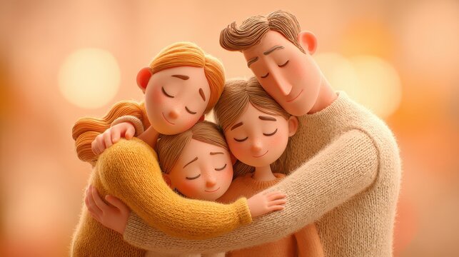 Four family members are sharing a close hug in a warm indoor space. Their eyes are closed and they look happy. The background shows soft colors from a sunset.