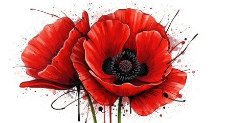Fototapeta premium A vibrant artistic illustration of two red poppy flowers set against a crisp white background.