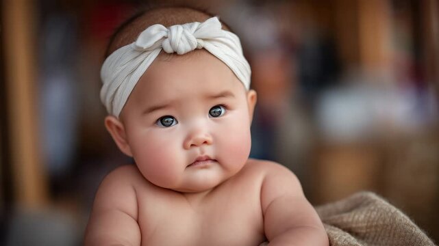 Close-up of a sweet baby with a white headband, gazing softly into the distance, natural sunlight casting a gentle glow on her face, smooth skin and chubby cheeks in sharp focus, c