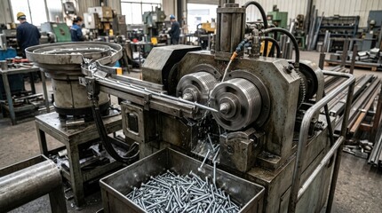 Obraz premium Industrial medium shot capturing selftapping screws gaining durable threads via rolling dies highlighting the automation and efficiency of the manufacturing process.