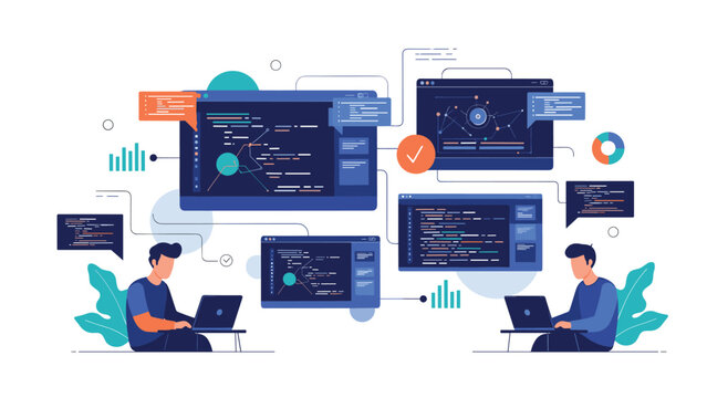 Two dedicated developers are actively coding on laptops, surrounded by multiple screen interfaces displaying complex lines of code and data.