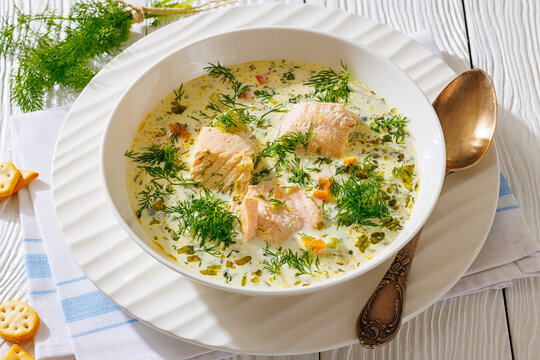 swedish laxsoppa creamy salmon soup in a bowl