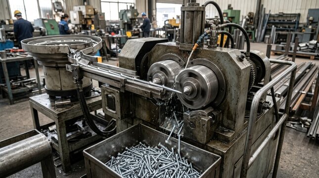 Industrial medium shot capturing selftapping screws gaining durable threads via rolling dies highlighting the automation and efficiency of the manufacturing process.