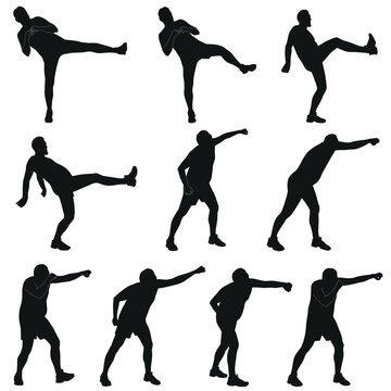 Silhouette of man training boxing, striking a blow. Icons of boy doing fighting fitness exercises isolated on white background.