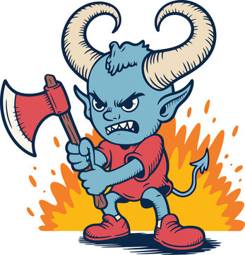 Cartoon blue devil wielding an axe standing amidst fiery background