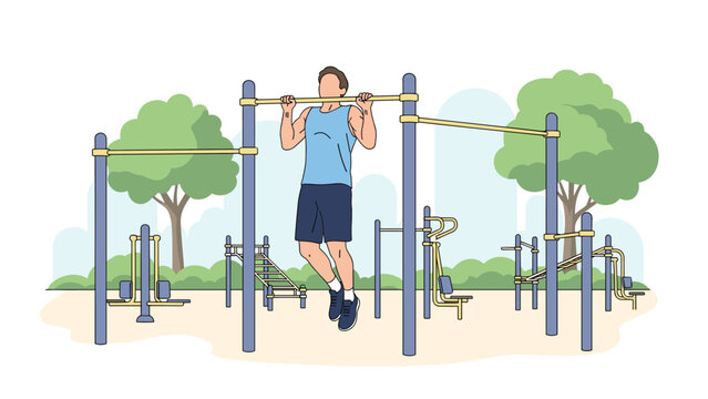 Athletic man performs pull-ups on an outdoor calisthenics gym structure, showcasing fitness and strength in a park setting.