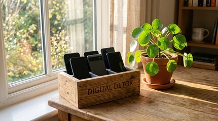 Fototapeta premium Digital Detox Wooden Charging Station with Phones