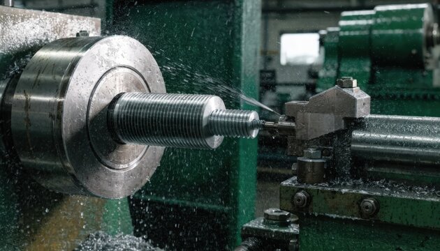 Closeup medium shot of a large industrial lathe turning a coarse pitch bolt showcasing precision threading for heavy machinery applications.
