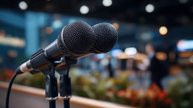 Close-up of microphone jacks plugged into a press podium, shallow focus isolating connectors and cable textures, soft background blur with hints of stage or conference room, realis