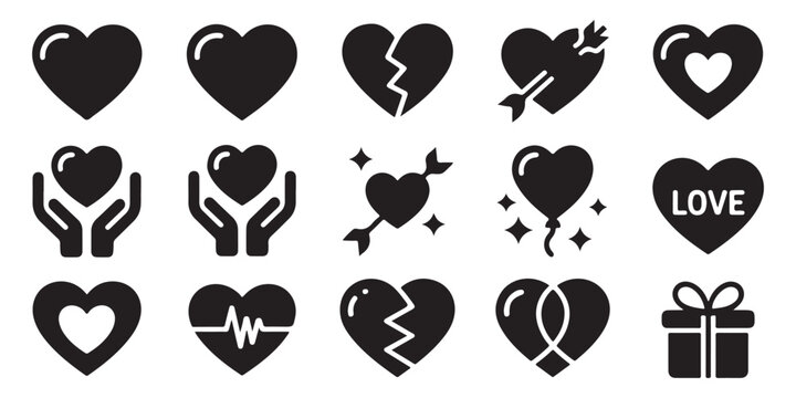 Vector heart icon set with love typography and medical symbols