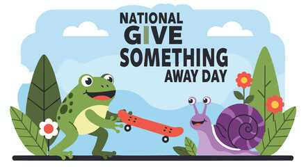 Colorful cartoon frog and snail giving gifts on National Give Something Away Day in whimsical illustration for social media © Any