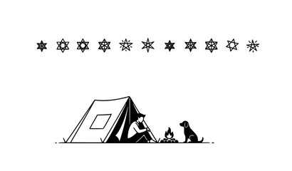 Cozy camping silhouette with man in tent dog and campfire under stars minimalist vector design © HoriProshad