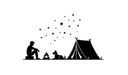 Dynamic camping silhouette scene with man and dog near tent and campfire under stars vector © HoriProshad