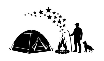 Minimalist camping silhouette with man dog tent and campfire under starry night sky vector illustration © HoriProshad