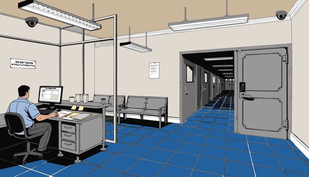 A man sits at a desk in a modern office with a blue tiled floor and a long hallway leading to several doors.