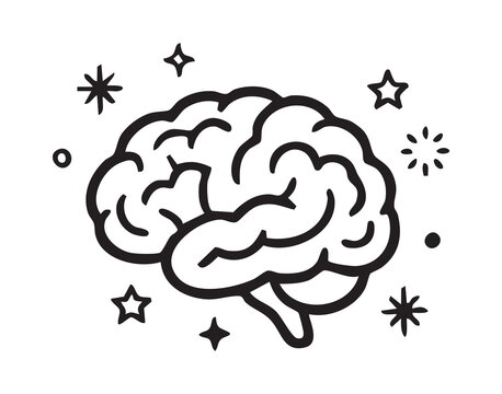 Brain illustration with stars and sparkles conveying creative mindset shift and brain health. Minimal line art icon evokes inspiration and idea generation, symbolizing cognitive wellness, memory