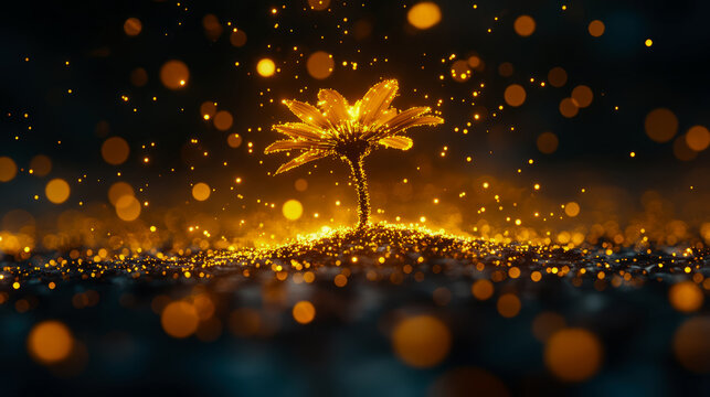 Solitary golden flower with glowing petals emerges from mound of sparkling golden dust, surrounded by dark background filled with luminous bokeh orbs, symbolizing hope and renewal in magical, ethereal