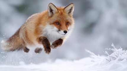 Fototapeta premium A red fox leaps over fresh snow in a forest setting. It is daytime and the trees are partly covered with snow. The fox is in motion, showcasing its agility and speed.