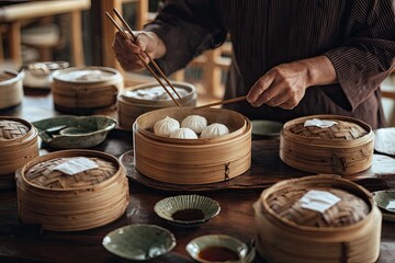 Obraz premium Steaming buns in bamboo baskets, served with dipping sauce