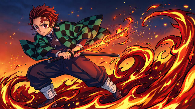 Anime boy with sword and fire character illustration japanese fighting concentrated powerful painting dramatic