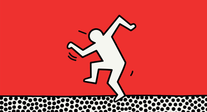 Dynamic illustration of a person running on a dotted surface against a red background